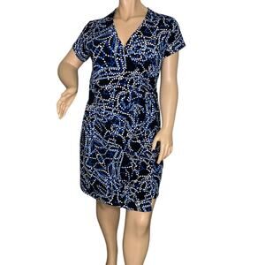 George Dress Short Sleeve Faux Wrap Doted Print Black Blue White Size XL